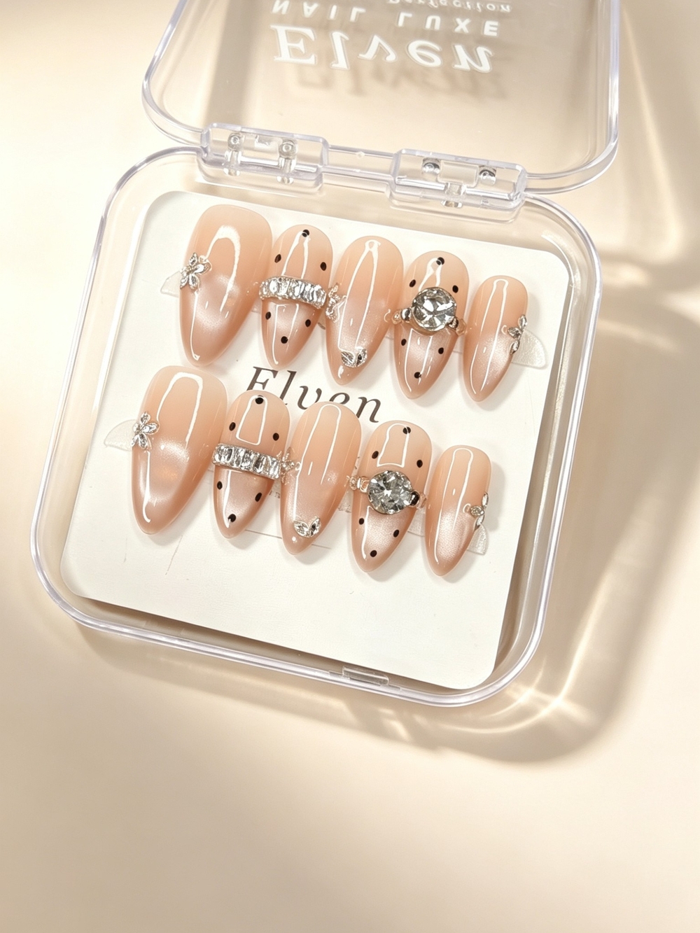 Nude Cat Eye Press On Nails With Crystals And Polka Dots Medium Almond Nails